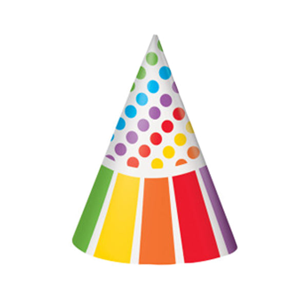 UNIQUE - RAINBOW POLKA DOTS PARTY HAT 8CT