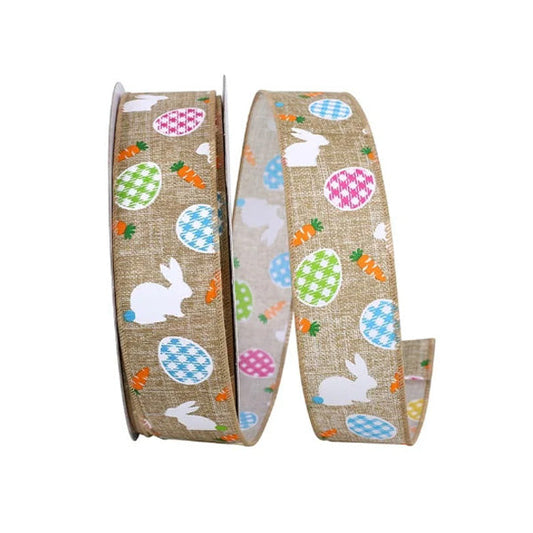 ACTION IMPORT - 1.5IN NATURAL BUNNY EGG CARROT LINEN WIRED RIBBON 20YDS EA