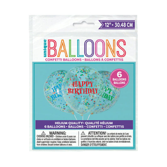 UNIQUE - BIRTHDAY CLEAR LATEX BALLON W/BRIGHT CONFETTI 6CT