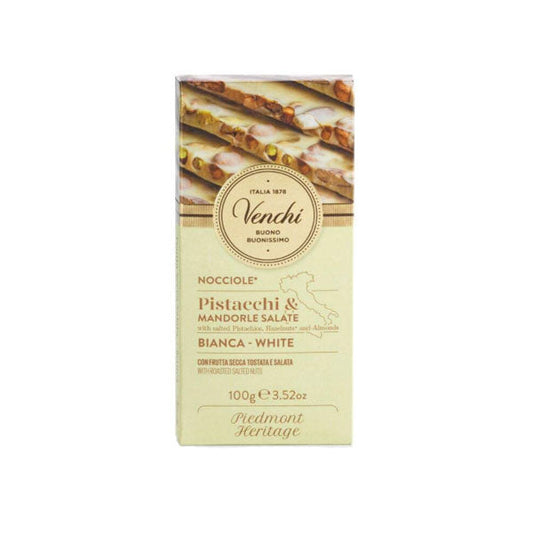 VENCHI - WHITE SALTED HAZELNUT& ALMOND PISTACHIO BAR 100GR